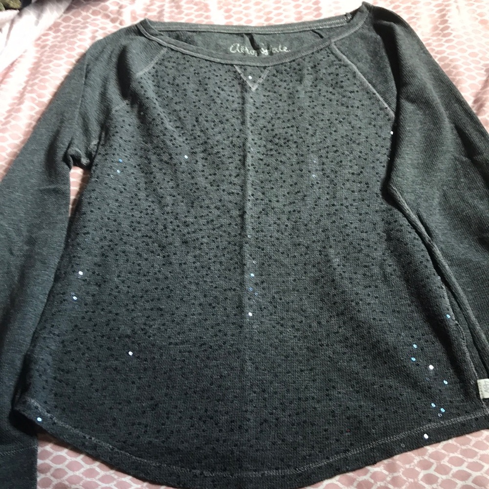 Gray Aeropostale long sleeve shirt with micro-sequins on front.